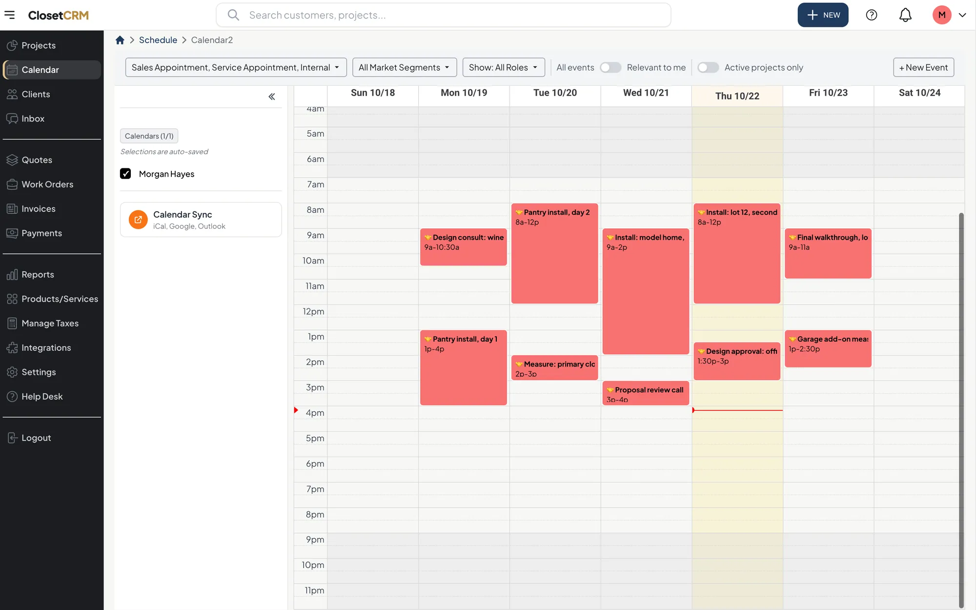 A week of design consults and closet installs on the ClosetCRM calendar