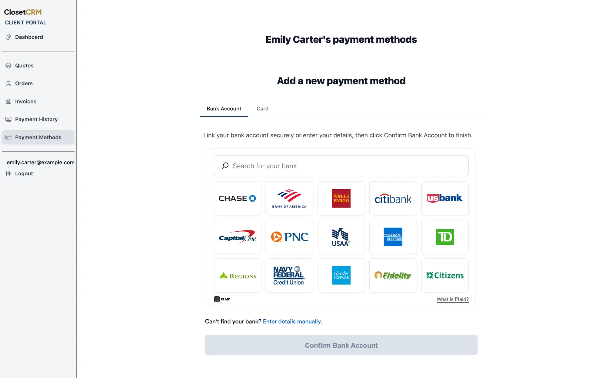 A client paying an invoice by bank transfer in their ClosetCRM client portal