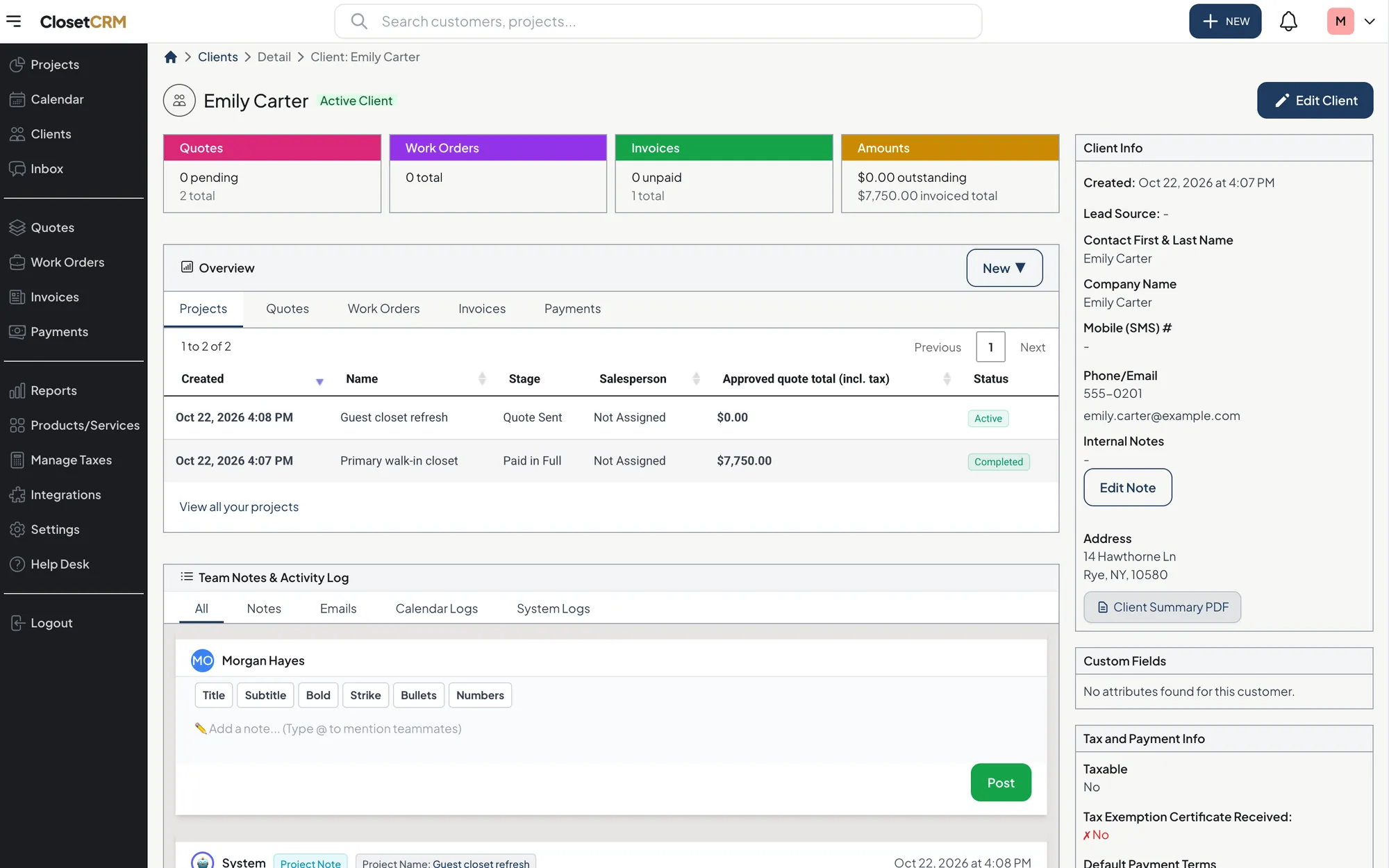 A client record in ClosetCRM with projects, quotes, invoices and notes