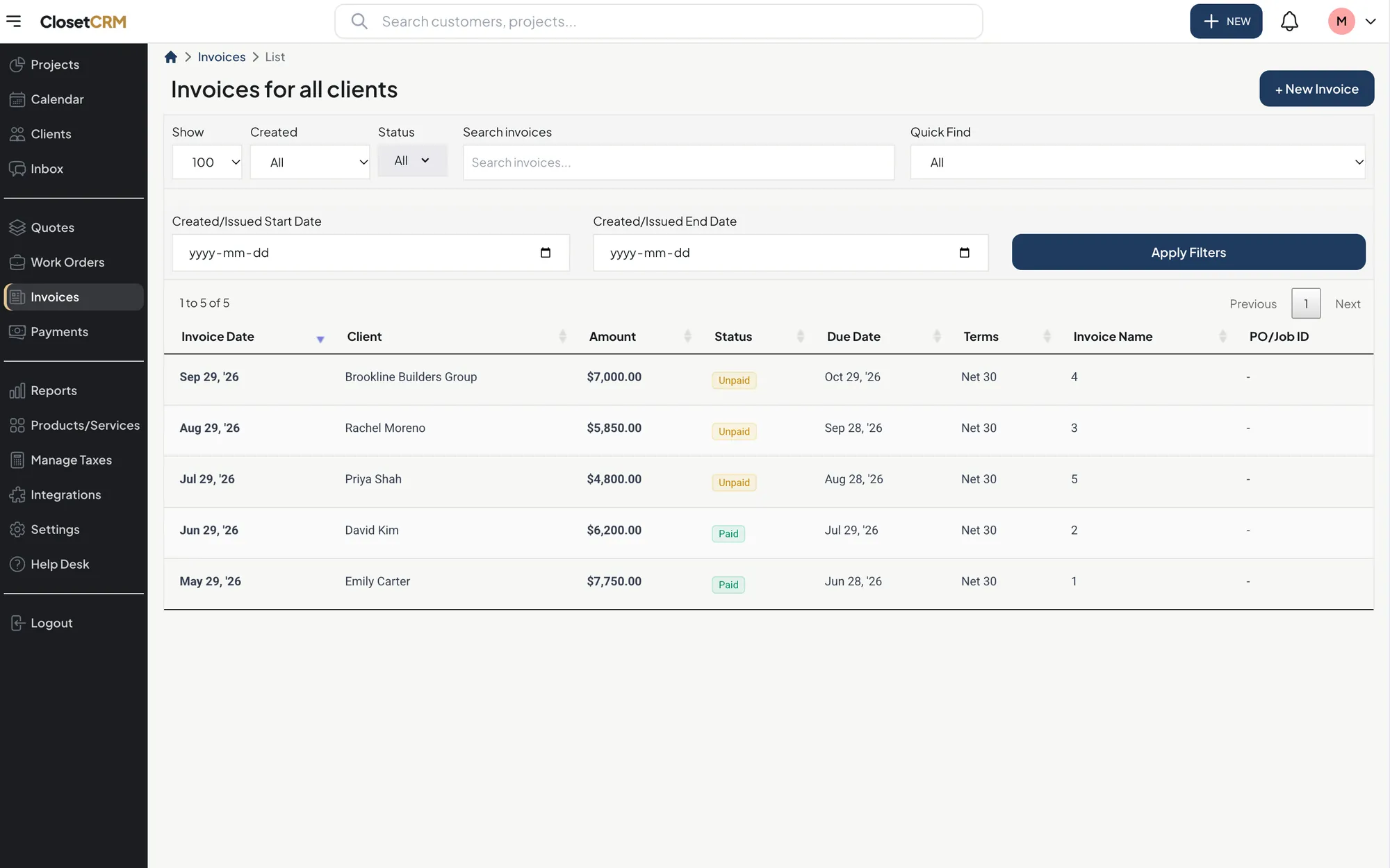 The ClosetCRM invoice list with paid and unpaid invoices