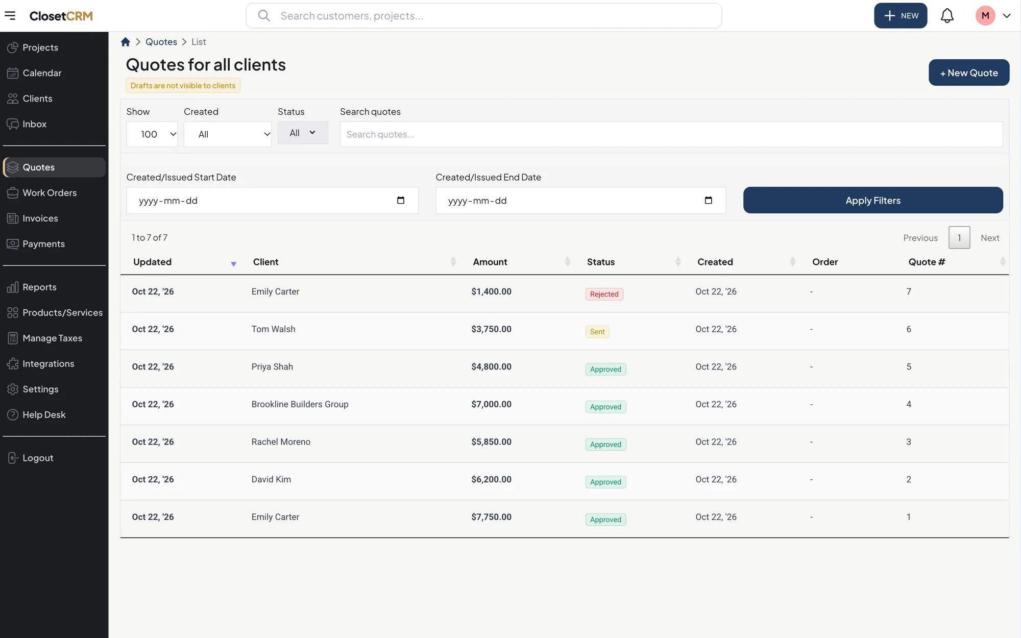 The ClosetCRM quote list showing sent, approved and declined quotes