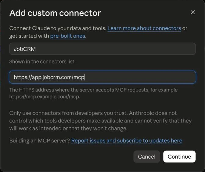 Claude's Add custom connector window with the name JobCRM and the URL https://app.jobcrm.com/mcp