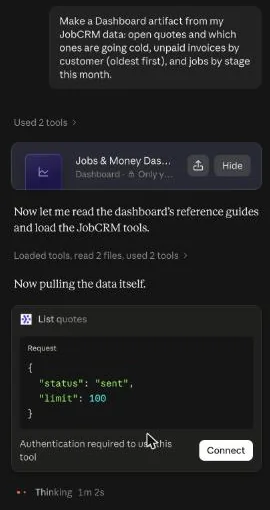 A Claude chat asking for a JobCRM dashboard, with Authentication required and a Connect button